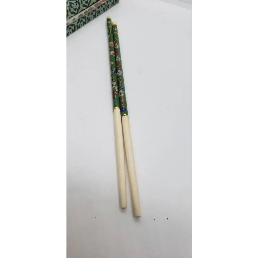 New Old Stock Vintage Cloisonne Chopsticks GREEN floral enamel with box